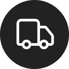 Truck icon on black circular background.