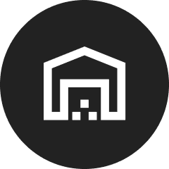 Warehouse icon on a black circular background.