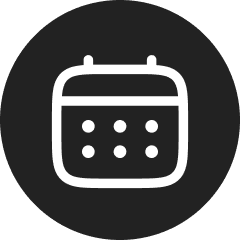 Calendar icon on a black circular background.