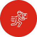 Delivery person icon on red circle background.