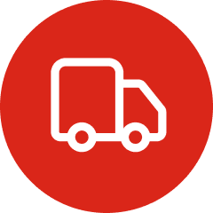 Delivery truck icon on red background.