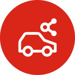Car sharing icon on red circular background.