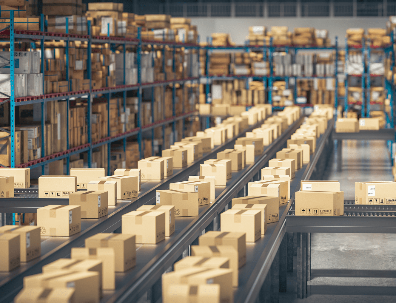 Warehouse with conveyor belts and cardboard boxes.